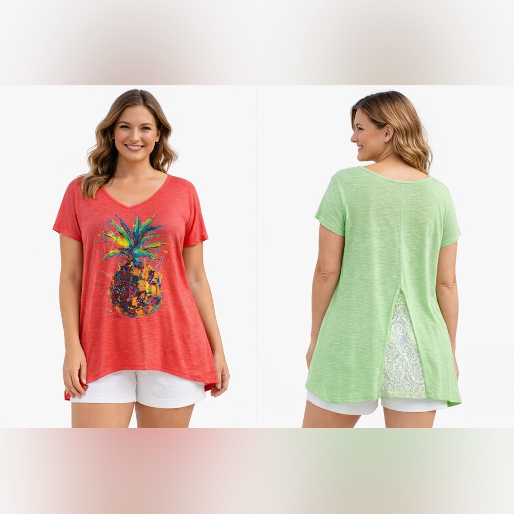 TWO! Leoma Lovegrove XXXL Tunic Top Bundle Pineapple Flamingo Pink Green
